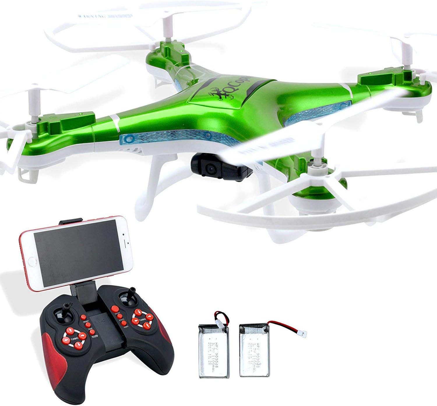 Quadcopter Drone with Camera Live Video, Drones FPV HD WiFi Camera with Remote Control, Free Extra Battery and Quadcopters Crash Replacement Kit with LED Lights, Easy Use for Beginners Kids GRN