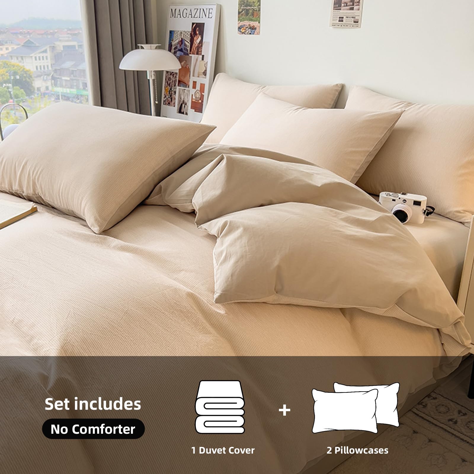 DCSKY Full Size Washed Cotton Duvet Cover Set 3 Piece - 100% Pre-Shrunk Organic Cotton Bedding Set, Ultra Soft Wrinkled Vintage Style with Hidden Zipper (Beige Stripe,80x90 Inches)