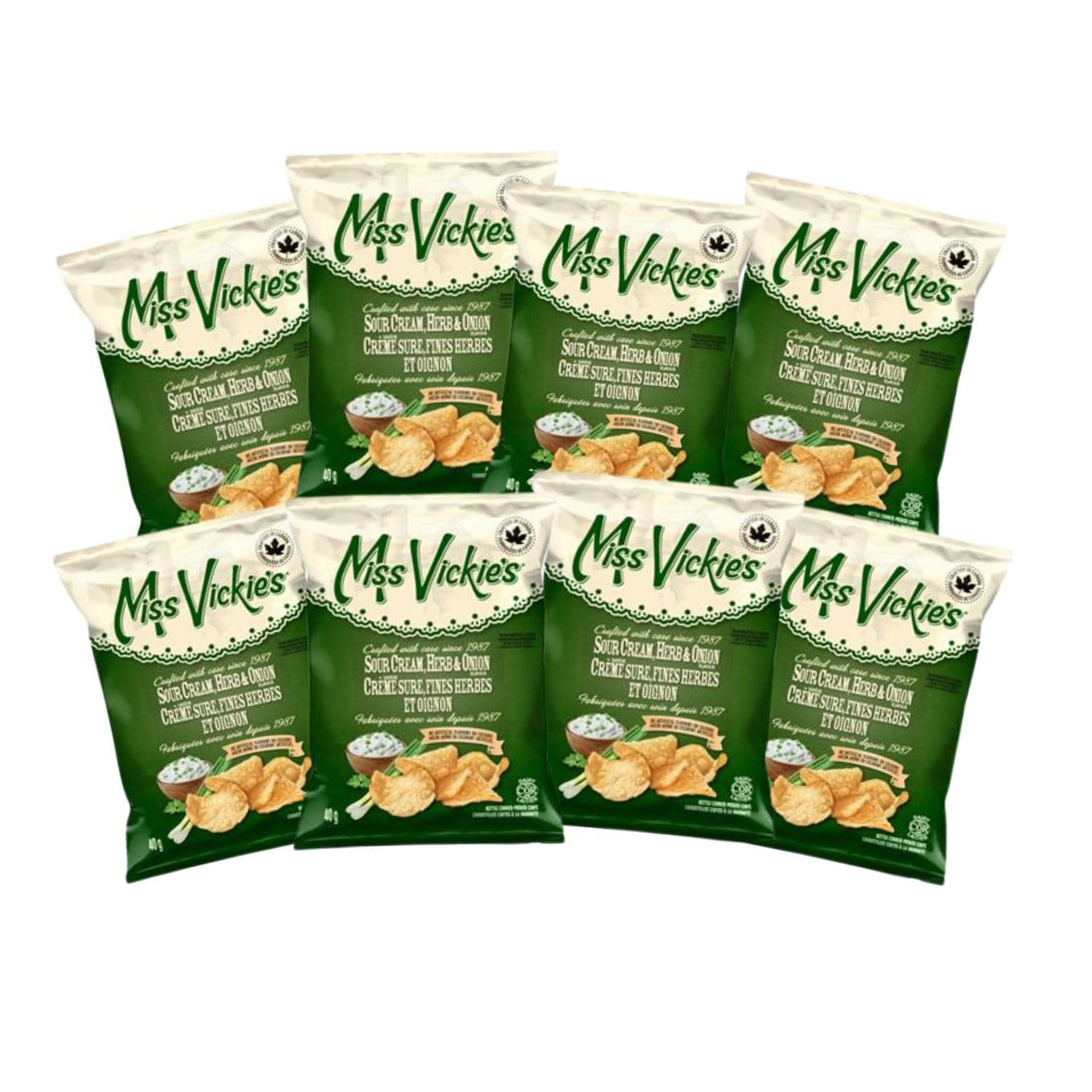 Miss Vickies Sour Cream Herb and Onion Kettle Cooked Potato Chips, 40g/1.4 oz (Pack of 8) - No MSG, Gluten-Free, Vending Machine Snack, Shipped from