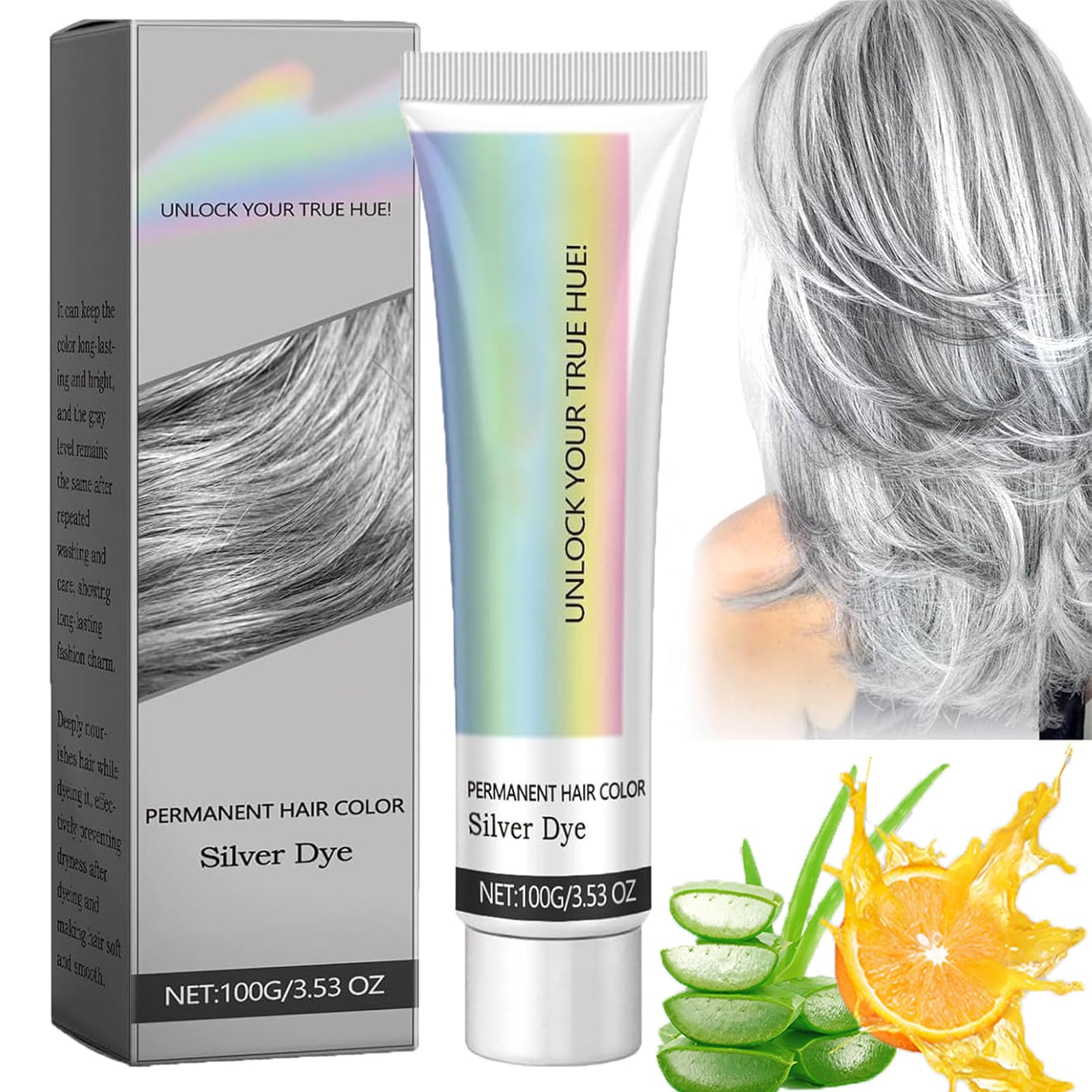 2 in 1 Natural Essence Extract Silver Hair Dye, 2-In-1 Natural Essence Extract Silver Hair Dye Cream, for All Hair Types (1PCS, 1)