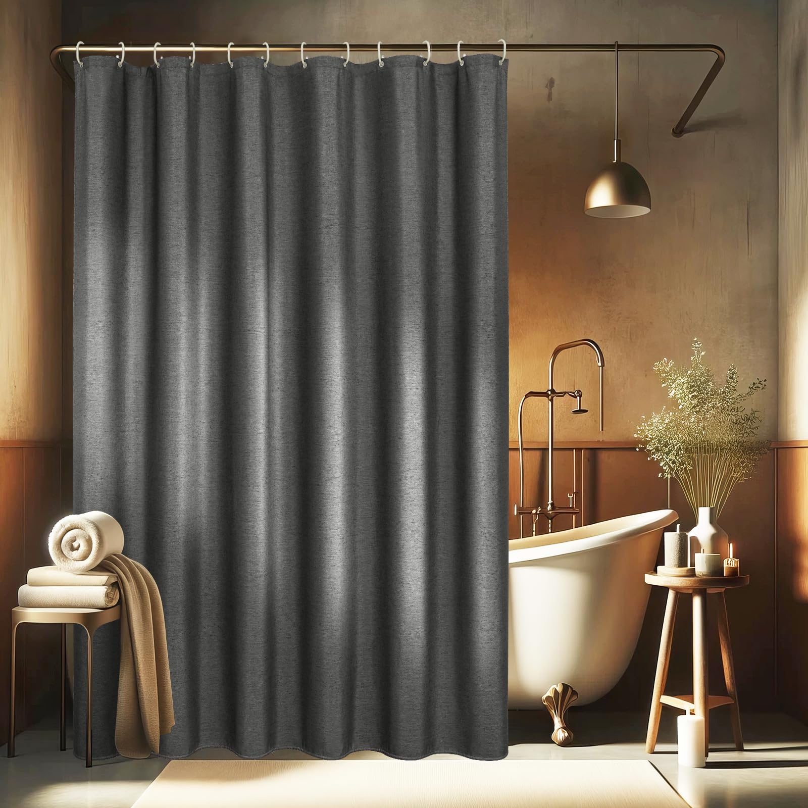 EurCross Dunkelgrau Leinen Texturiert Duschvorhang 180x180 Schwerer Wasserdicht Textil Stoff Duschvorhänge, Hotel Luxus Anti-Schimmel Waschbar Polyester Badevorhang für Badezimmer mit 12 Ringen