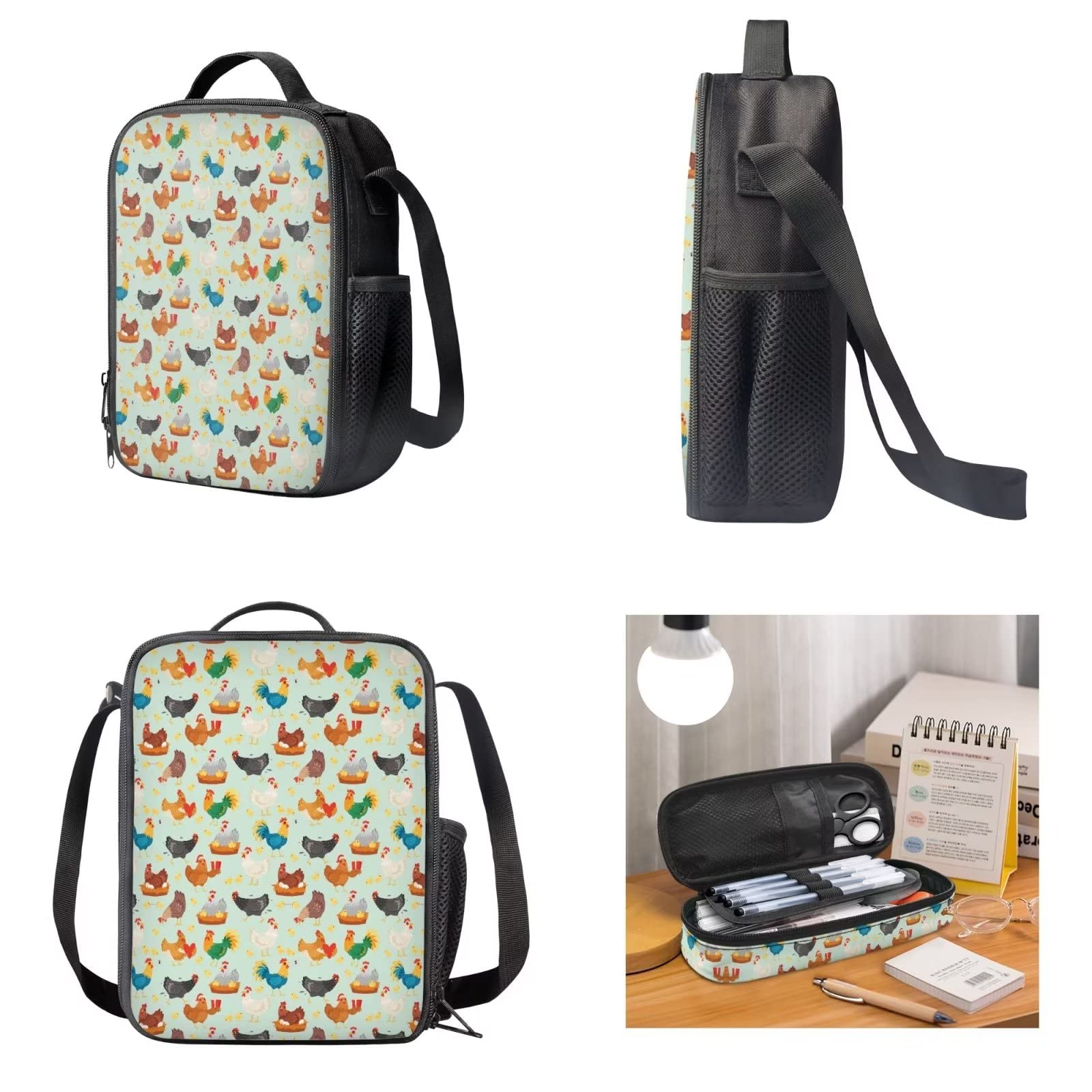 POLERO Mochila escolar de caballos para niños, juego de bolsas de almuerzo, estuche para lápices, 3 piezas, bolsas escolares, gallina, Talla única, Mochila infantil