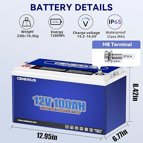 Miniatura 3 de Batería de litio LiFePO4 de 12 V 100 Ah, potencia de carga máxima de 1280 W y hasta 4000 ciclos profundos, BMS integrado de 100 A, perfecta para