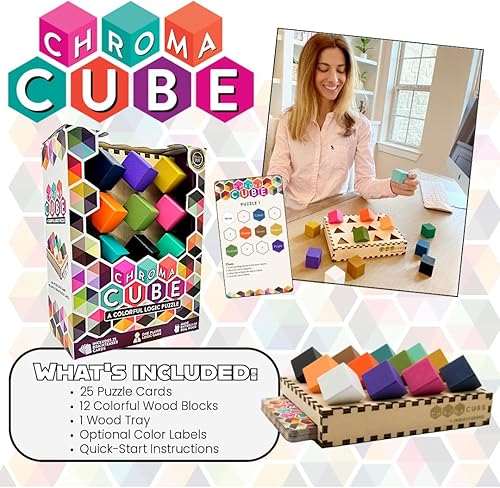 Miniatura 5 de Project Genius: Chroma Cube, un rompecabezas de lógica colorido, 12 bloques de madera coloridos, 25 tarjetas de Brainteaser, rompecabezas, gran