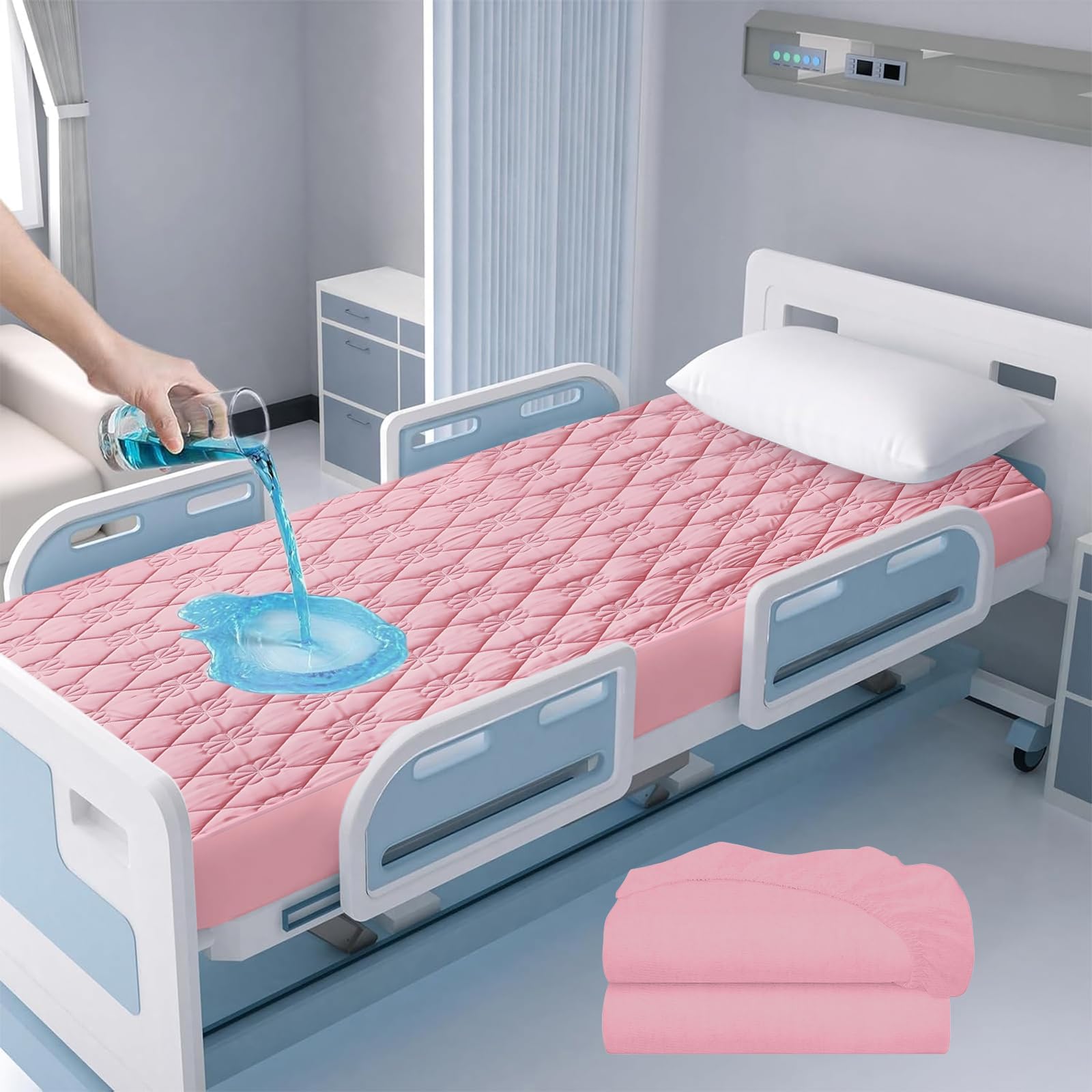 Waterproof Hospital Mattress Cover Protector Bed Sheet 36" x 80" x 9" Hospital Grade Incontinence Protection, Breathable Fabric for Elderly, Adults Machine Washable(1 Pack,Pink)