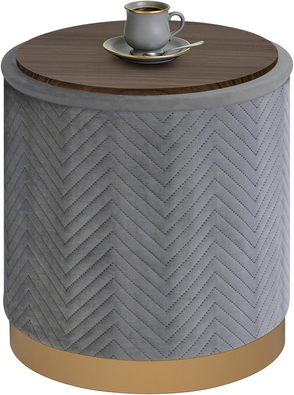 B FSOBEIIALEO Ottoman with Stroage, Round Velvet Storage Ottoman with Gold Plating Base,Foot Rest Stool for Dorm Room, Living Room Grey, 14.76"x14.76"x16.34"