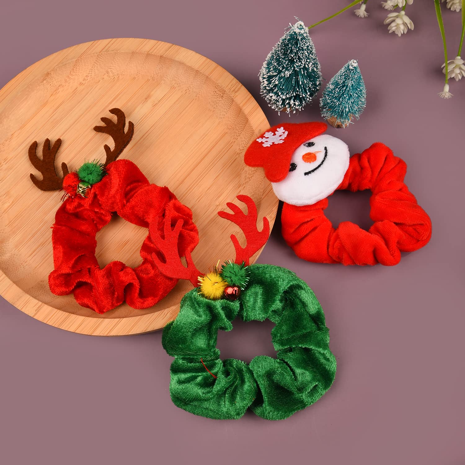 AOVNA 6 Pack Christmas Hair Scrunchies Christmas Tree Elk Santa Velvet Elastic Hair Bands, Brown,Green,Red, 6 count (Pack of 1) - Image 3
