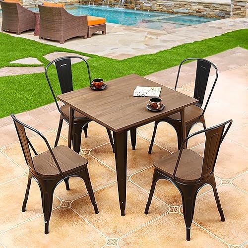 Miniatura 58 de Yaheetech Sillas de comedor de metal con asiento de madera/parte superior apilables, sillas de cocina con respaldo para interiores y exteriores,