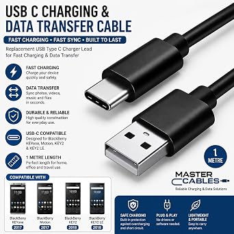 Master Cables USB C Charging & Data Transfer Cable Compatible with BlackBerry KEYone, Motion, KEY2 & KEY2 LE Replacement USB Type C Charger Lead for Fast Charging & Sync 1 Metre Black