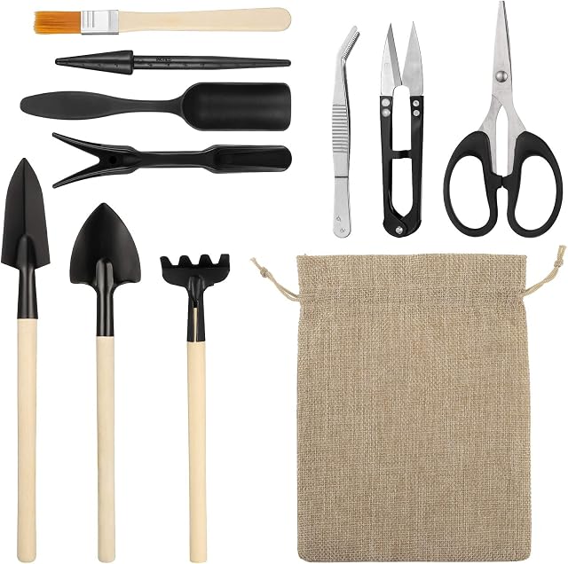 RosewineC 11 Pcs Mini Gardening Tools Flax Bag Set Gardening Transplanting Tools for Succulent Plant Transplanting and Shovel Operation Convenient Indoor and Outdoor Small Fairyland Garden Plant Care