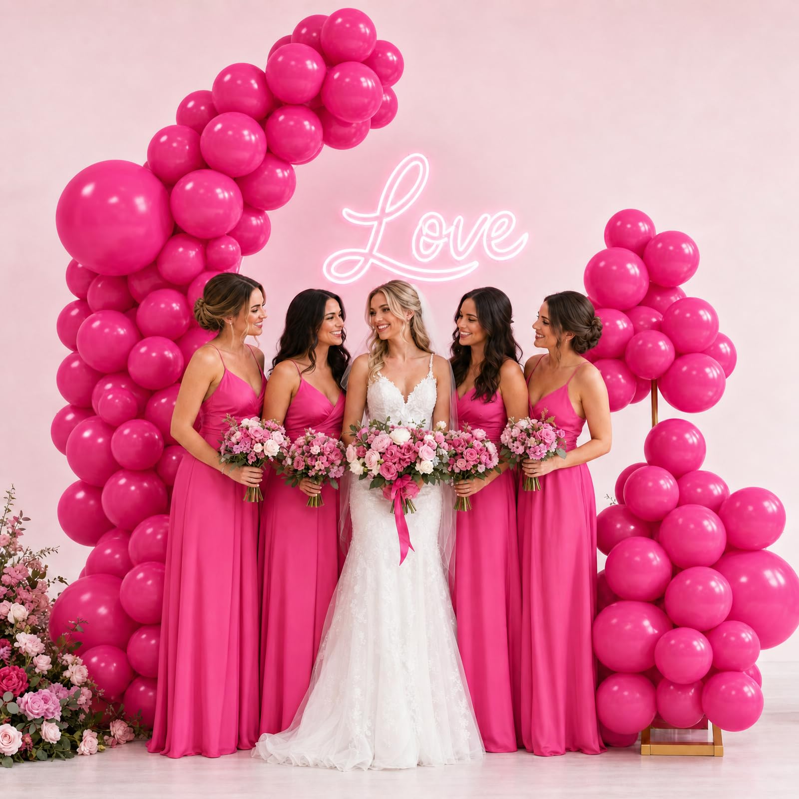 Kit di supporto per arco di palloncini con 145 palloncini rosa di diverse dimensioni, cornice in metallo con 8 sacchetti d'acqua, arco semi-aperto dorato per compleanno, baby shower, decorazioni per