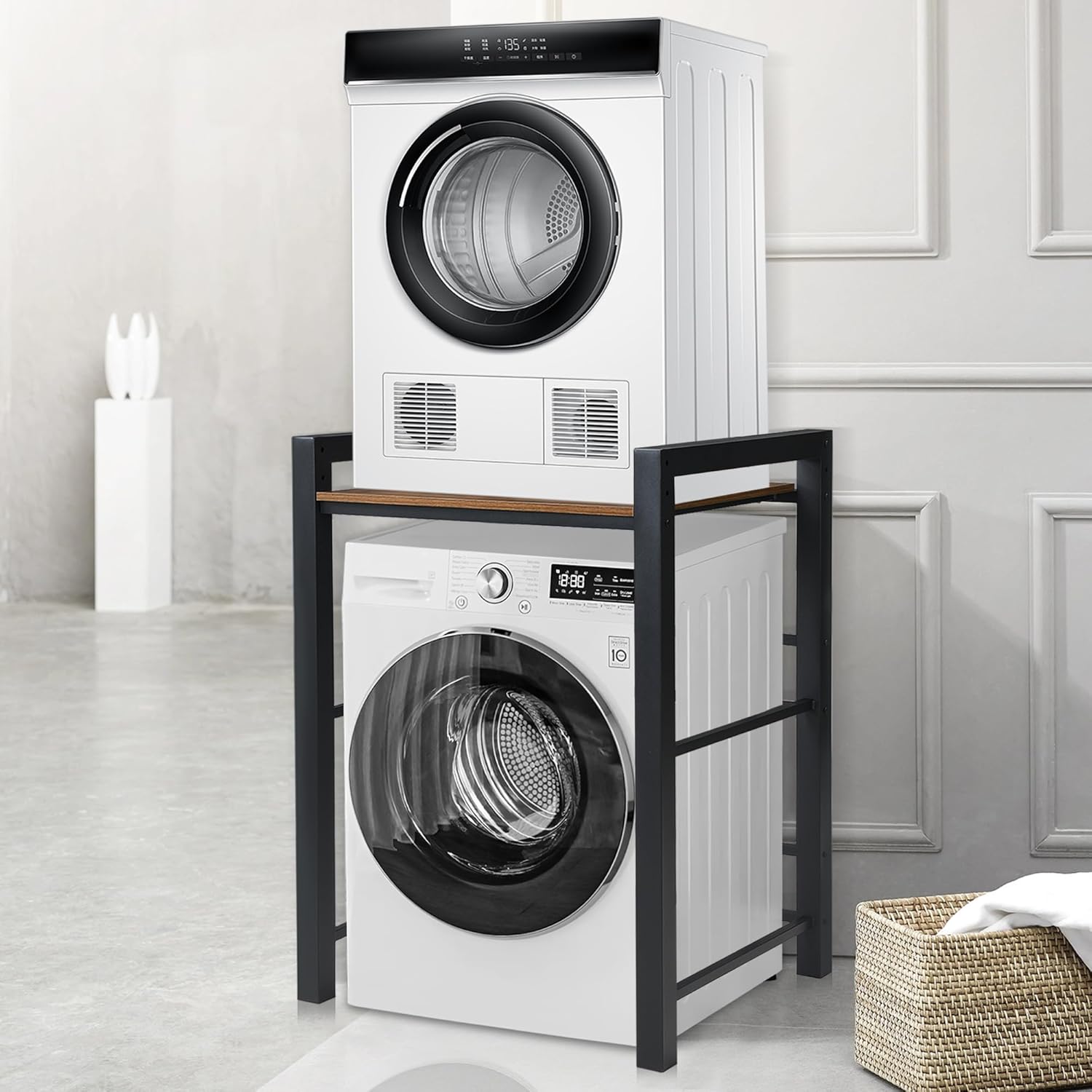 Washer Dryer Stacking Rack Stand, Over Washer and Dryer Shelves, 3 Height Adjustable Over The Washer and Dryer Storage Shelf, Laundry Shelves Load Capacity 300 kg, for Bathrooms Laundry Rooms (Black)