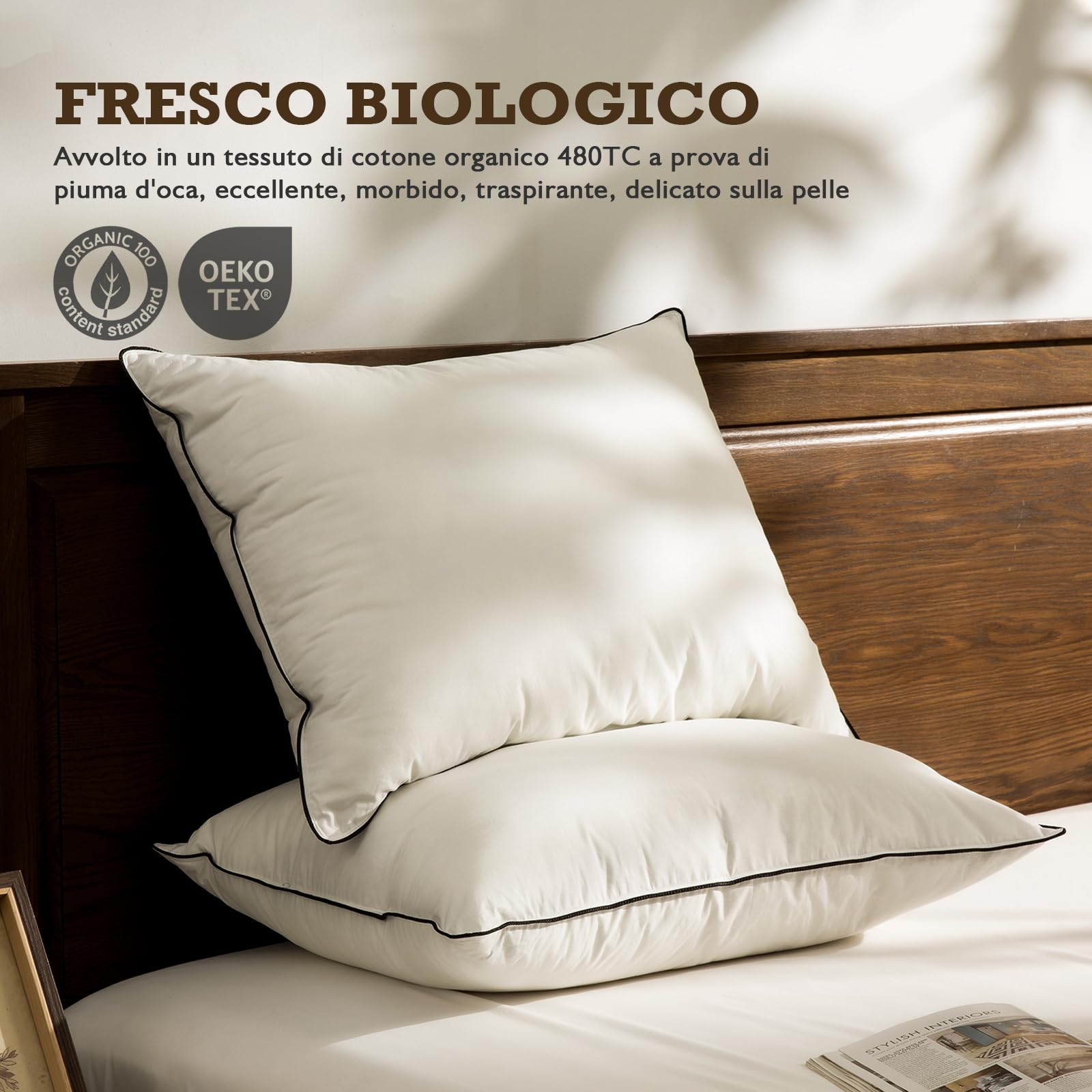 BPC cuscino in piuma e piumino organica, 50x75 set di 2, Lussuoso cuscino letto d'albergo a 3 camere, Cuscino 50x75 cm imbottitura in piuma d'oca con fodera 100% cotone, Bianco