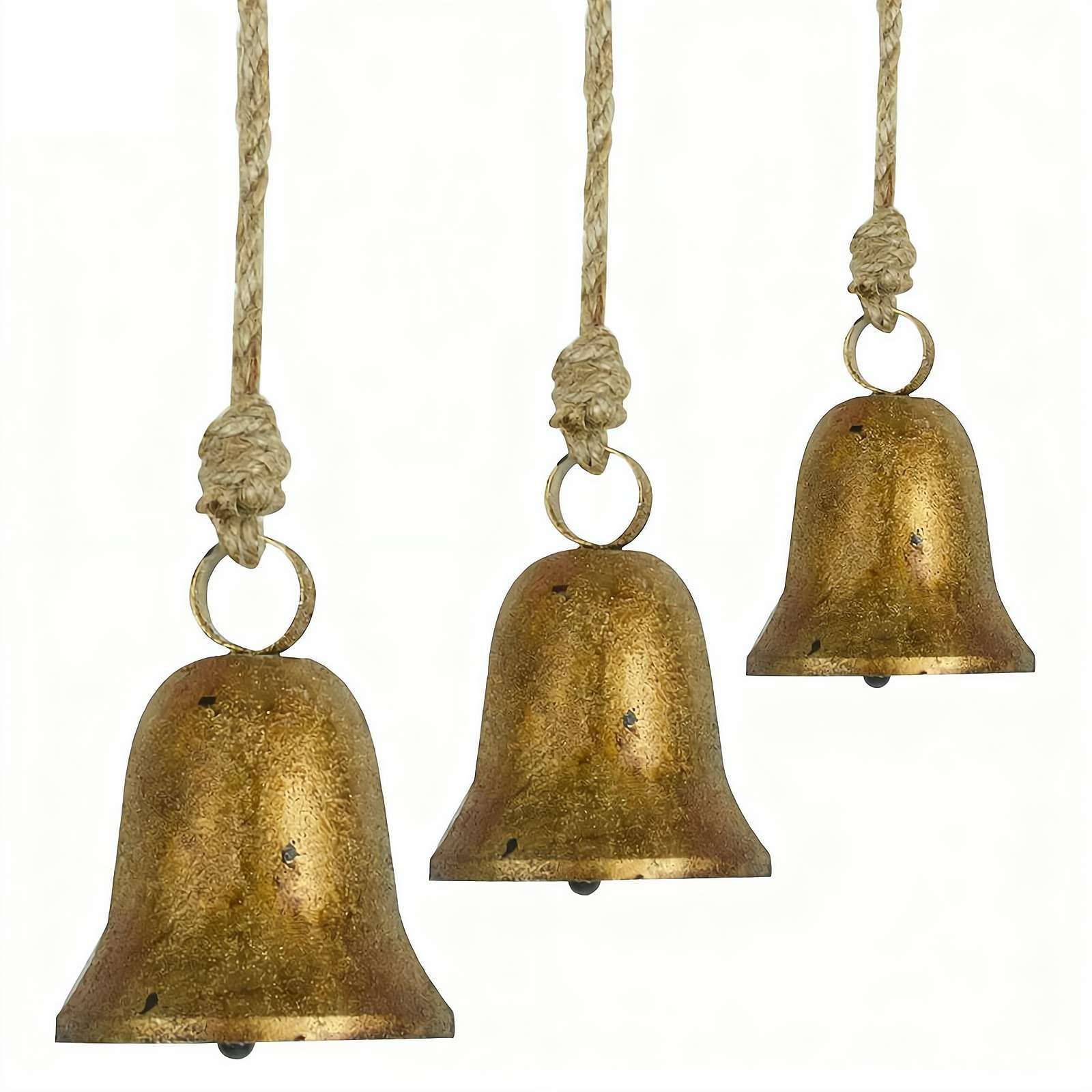 Vintage Gold Christmas Bell Set of 3,Rustic Decorative Christmas Cow Bells Set,Vintage Handmade Lucky Xmas Bells Hanging on a Rope for Window Wall Tree Wreath Hanging Ornament Decor