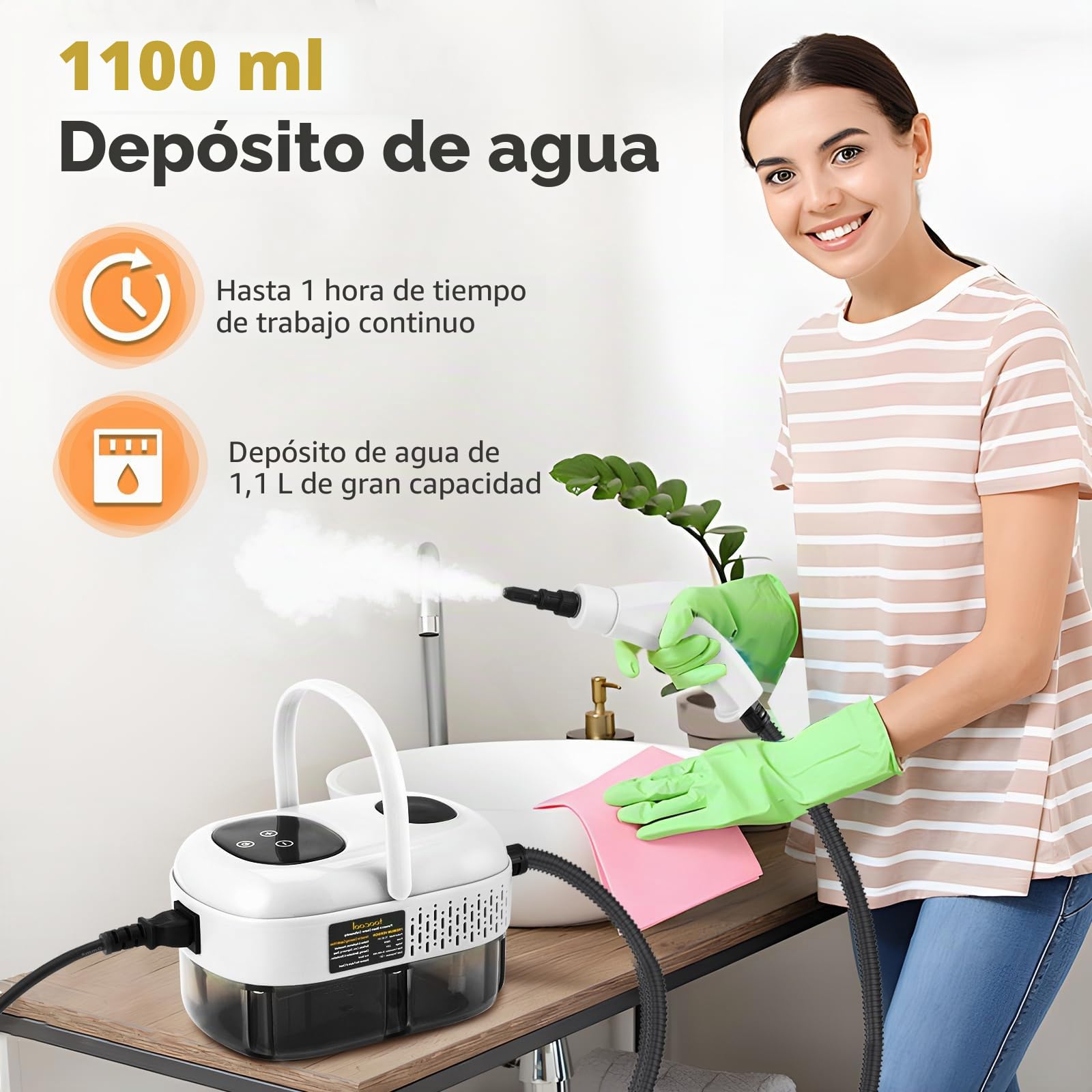 Limpiador a vapor portátil de 2500 W con depósito de agua de 1100 ml, 3 bares de presión, 9 accesorios y 3 cabezales de cepillo - Ideal para cocina, baño, coche y tapicería