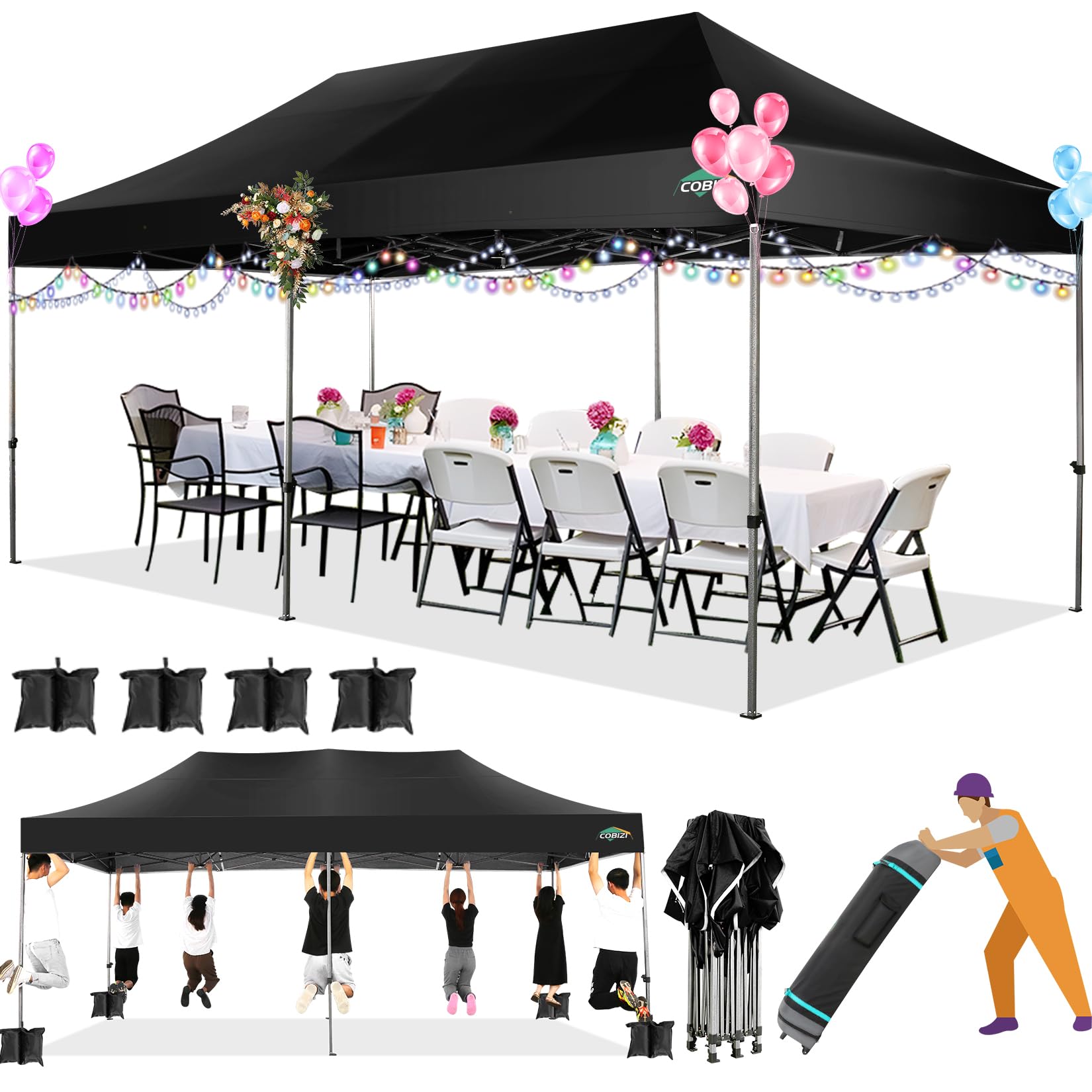 COBIZI 10x20 Heavy Duty Pop up Canopy Tent Easy Up Commercial Outdoor Canopy Wedding Party Tents for Parties All Season Wind & Waterproof Gazebo with Roller Bag,Black(Frame Thickened)