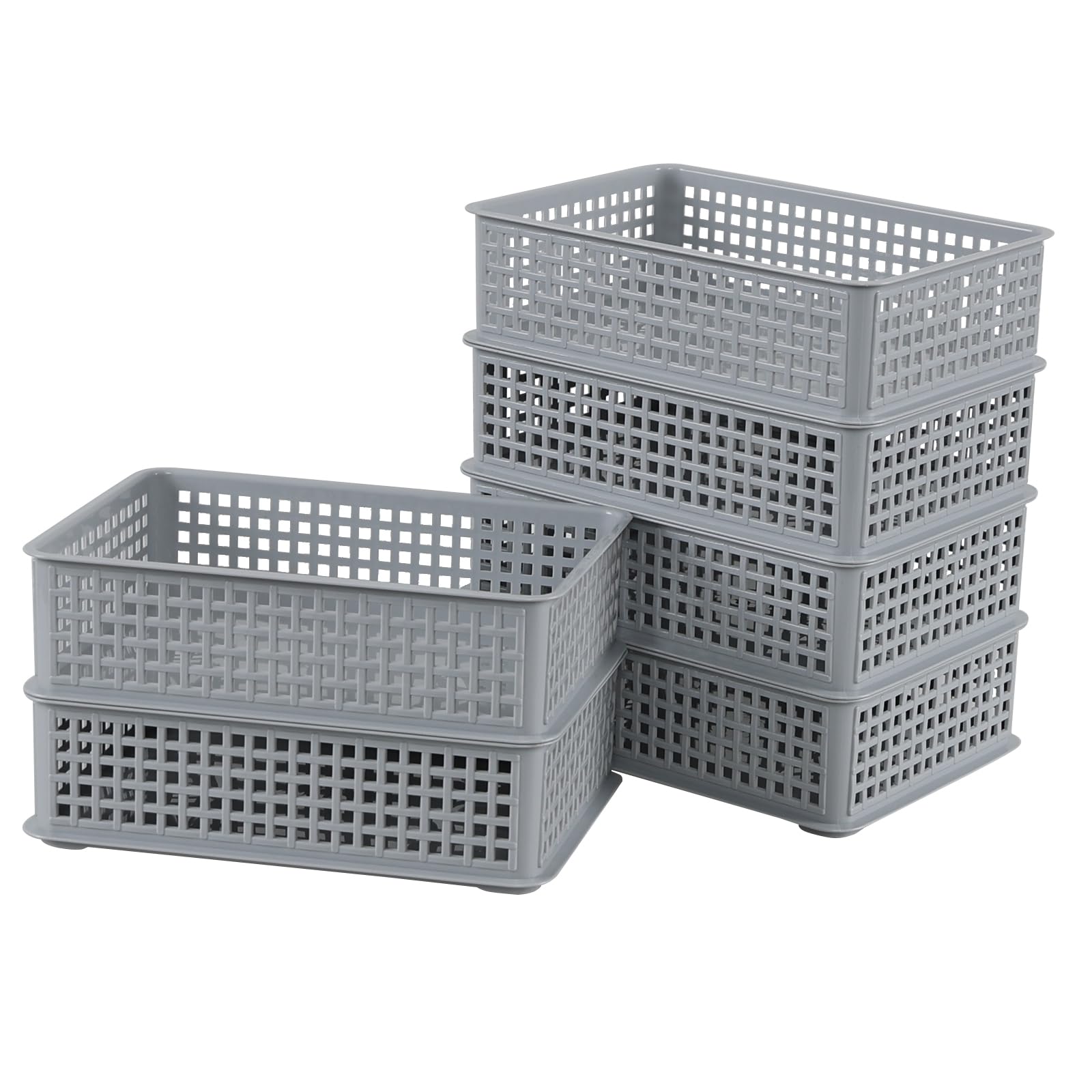 Ortodayes 6 Packs Plastic Stackable Storage Basket, Gray Shallow Storage Basket Trays