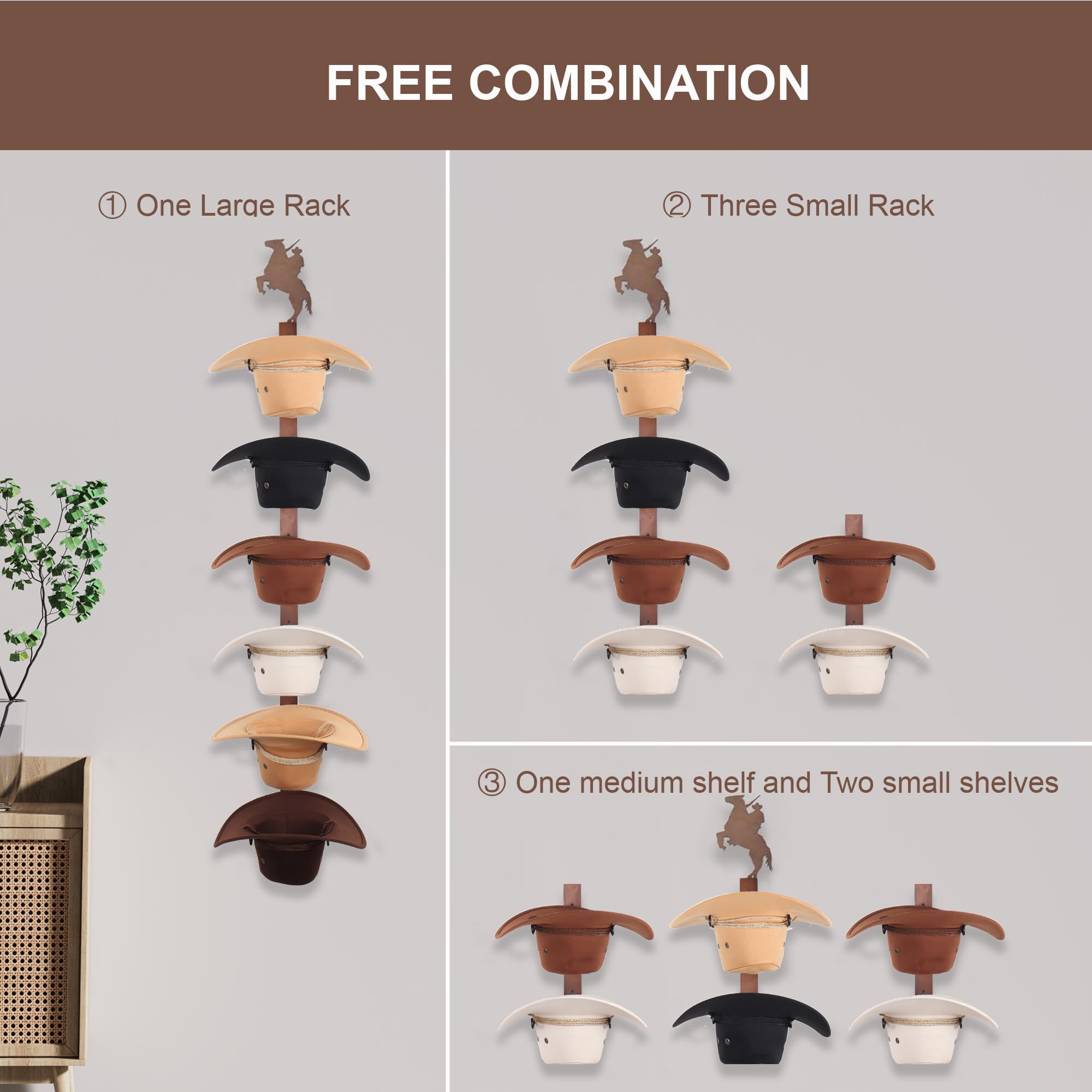 Soporte para sombreros de vaquero para pared: organizador de sombreros de madera rústica con 6 ganchos para sombreros para montaje en pared, soporte para sombreros de vaquero, soporte para