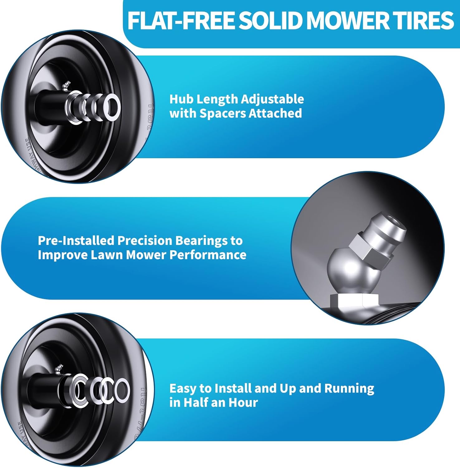 13x5.00-6" Flat Free Lawn Mower Tires, Zero-steering Lawn Mower Front Wheels, Solid Wheels Residential and Commercial Use, Suitable for 3/4-inch and 5/8-inch Bearings, Adjusted Center Hub, 2 pack