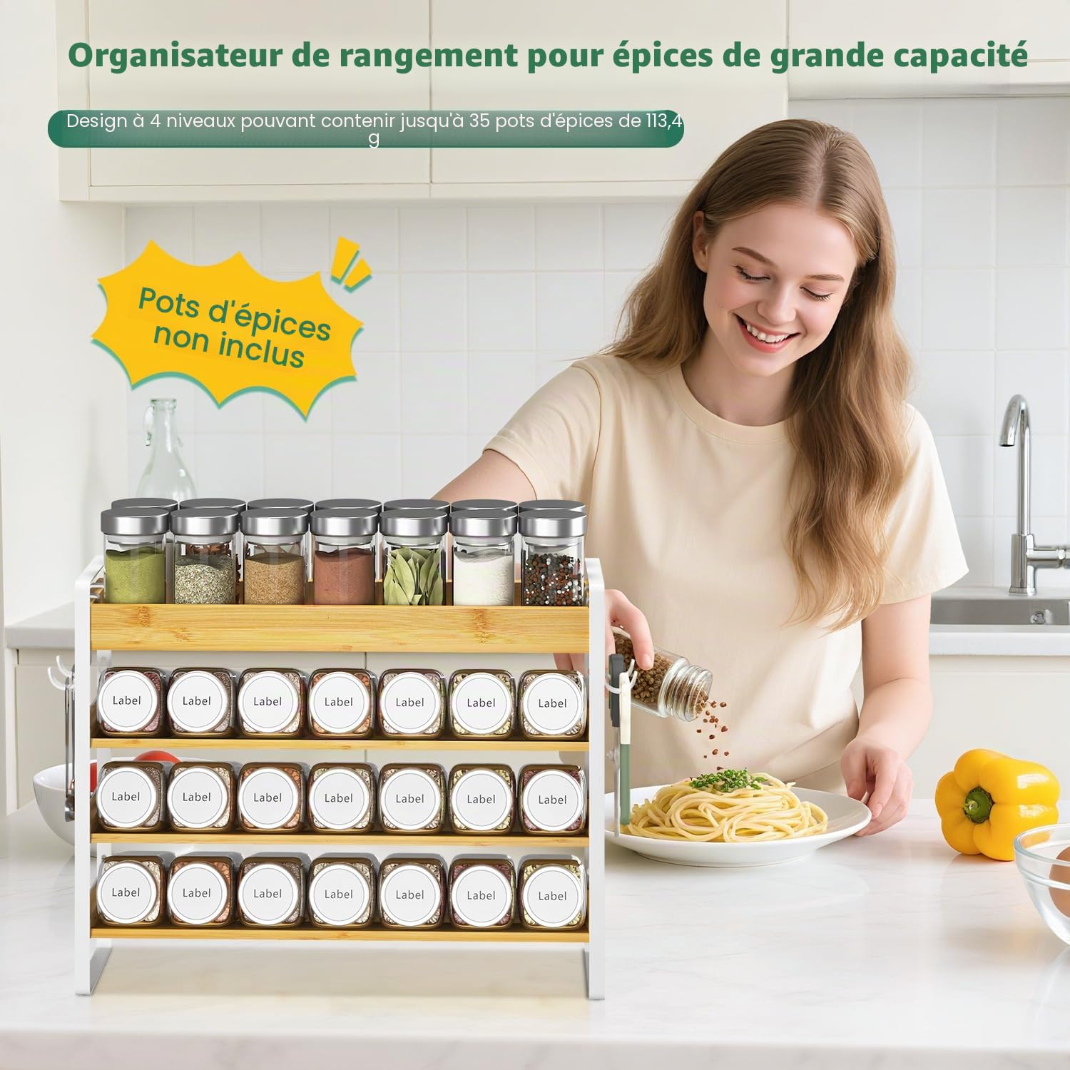 EsLuker.ly Étagère à épices pour comptoir de cuisine, étagère à épices en bambou à 4 niveaux avec 4 crochets, support mural autonome pour garde-manger, bambou + blanc (bocaux non inclus)