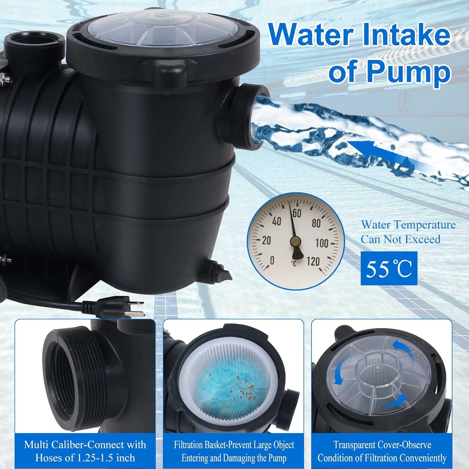 Inground and Above Ground Pool Pump, Dual Volt 110-120V/220-240V,2HP, Powerful Self Priming, UL Certificated Swimming Spa Pool Pumps with Strainer Cord High-Performance Motor, Black