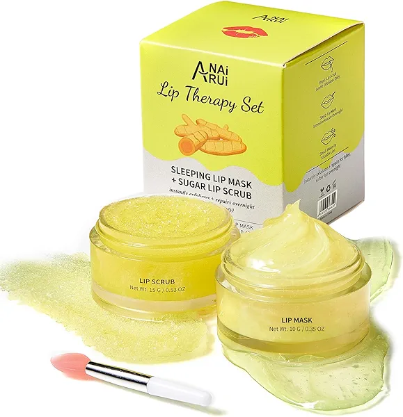 ANAI RUI Lip Care Kit - Sugar Scrub Set, Sleeping Mask & Exfoliator - Overnight Skin Treatment - Scrub & Moisturizer for Dry Chapped Cracked Peel Lips (Turmeric+Honey)