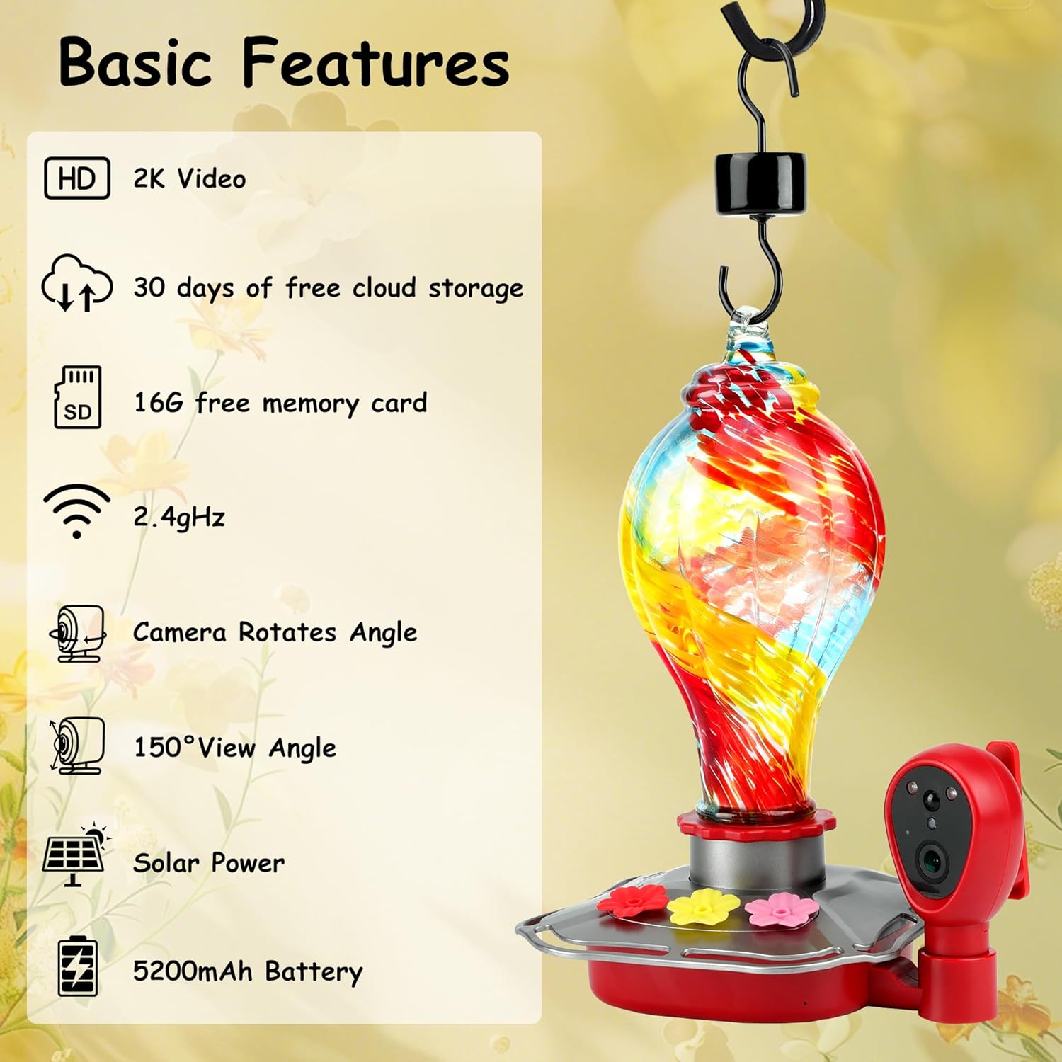 2K Solar Powered Hummingbird Feeder with Camera, AI Identify, Water Monitoring, Instant App Alert, Auto Recording, TF Card Included, Leak-Proof Ant & Bee Proof Outdoor Bird Feeder