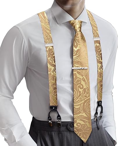 Barry.Wang Juego de tirantes para hombre con corbata elástica tipo Y resistente, 6 clips, tirantes para corbata, pañuelo, gemelos y alfiler, 6 piezas