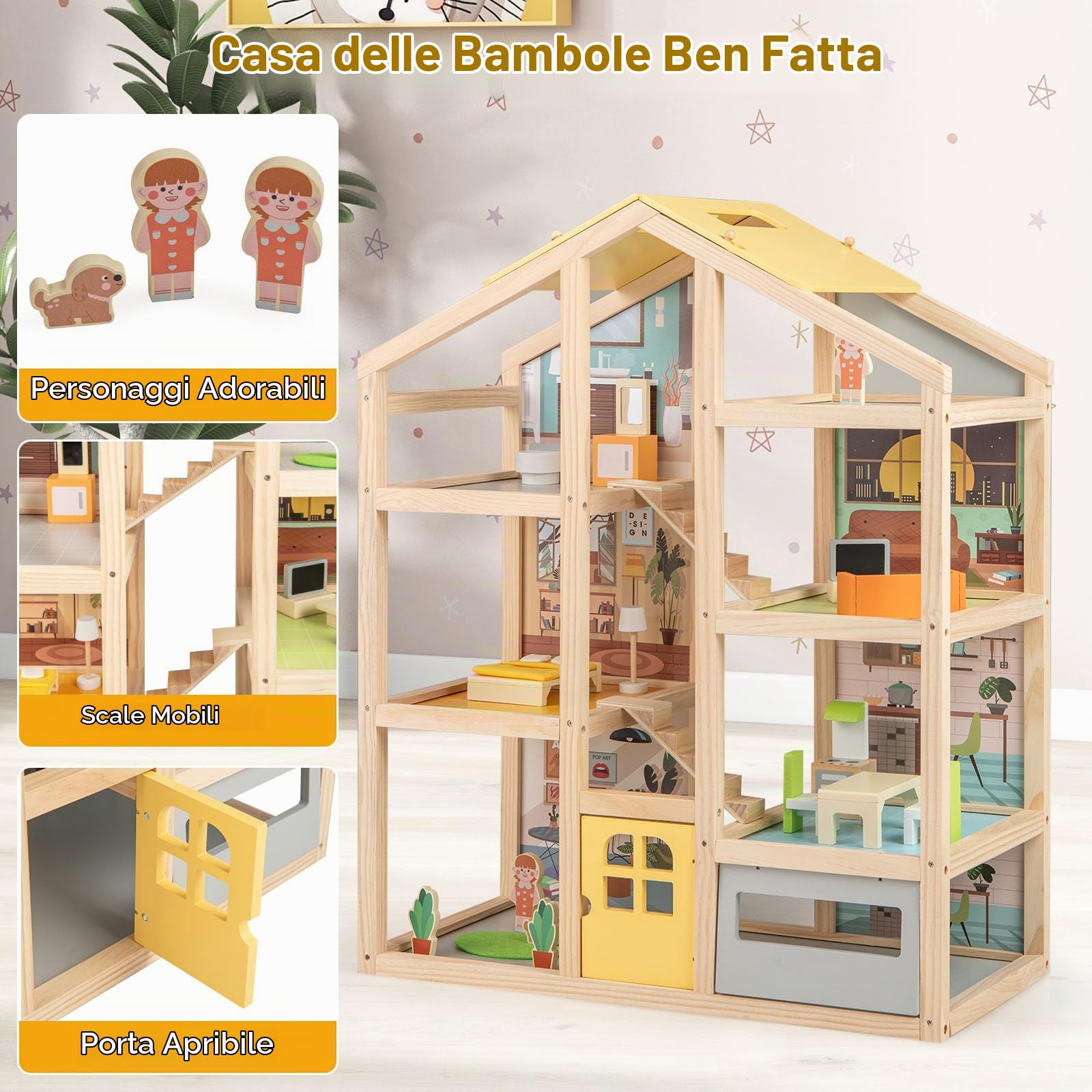 FANTASK Casetta per bambole in legno, colorata con mobili e accessori, 3 ripiani fai da te con garage e porta apribile, per ragazze e ragazzi dai 2 anni in su
