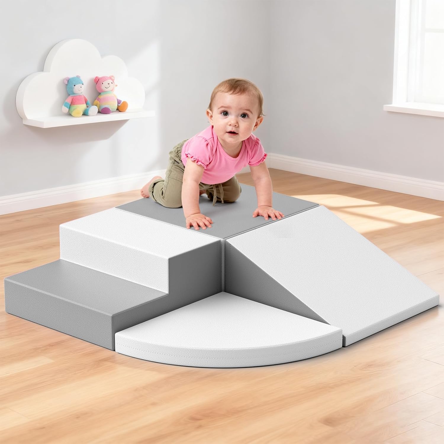 4 x Foam Baby Motor Skills Path, Baby Motor Module with Washable & Removable Cover, Indoor Slides and Play Structures for Preschool Children (Greyish White)