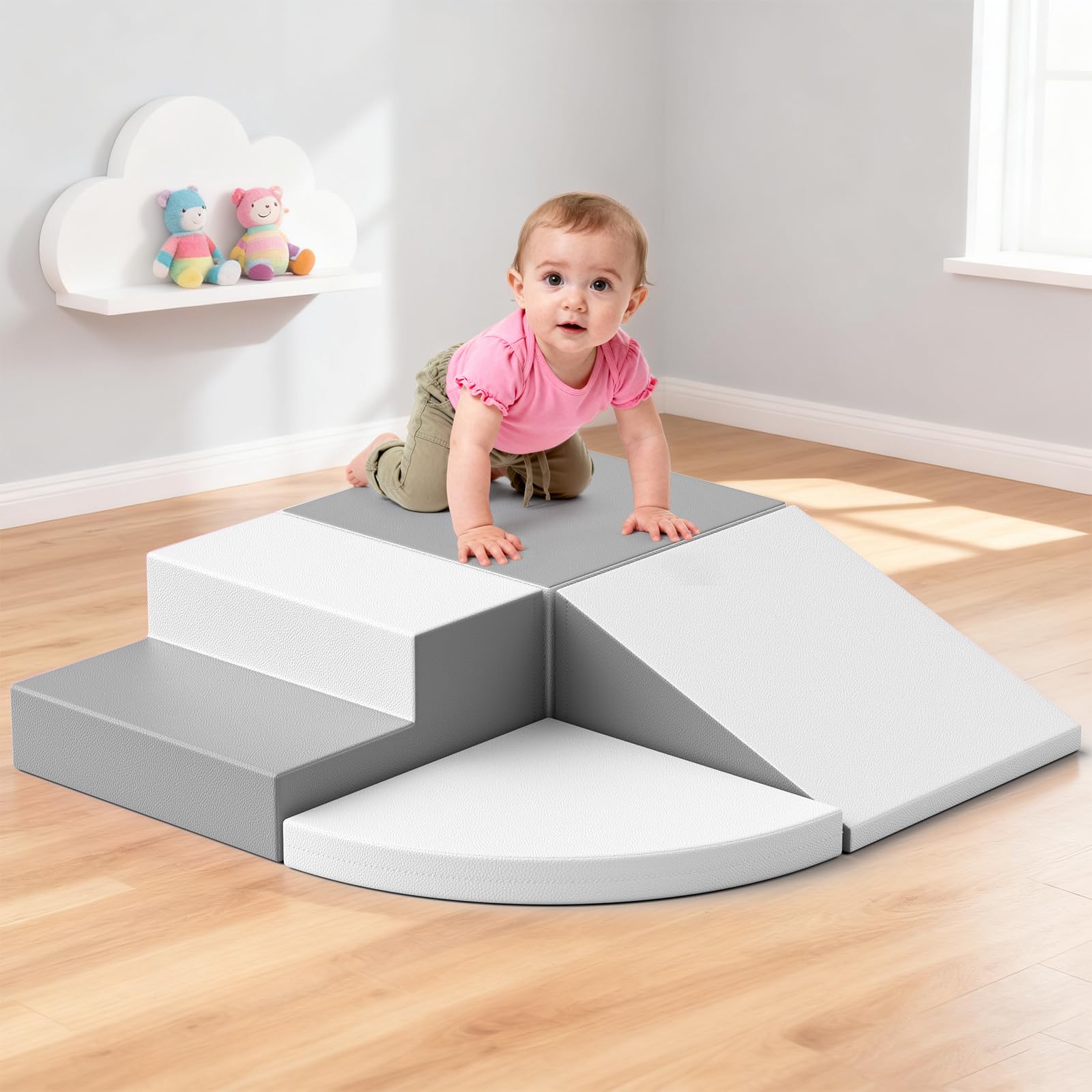 4er Schaumstoff-Kletterblöcke für Kinder, Schaumstoff Bausteine XXL, EN71-zertifiziert & rutschfest, Kinder Montessori Spielzeug, Waschbare Hülle für Indoor-Spaß, Baby Soft Playset(Grauweißlich)