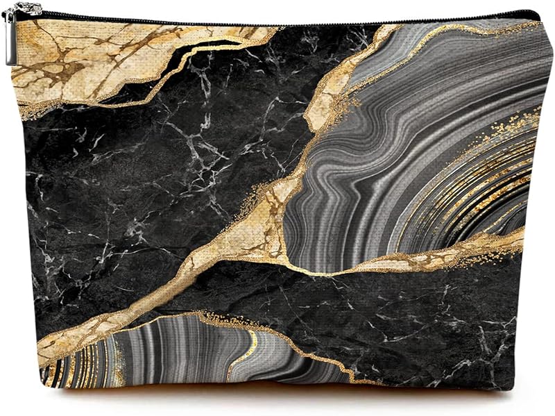 Necessaire de maquiagem Givotin em lona com zíper, estampa Black Marble, 1 unidade