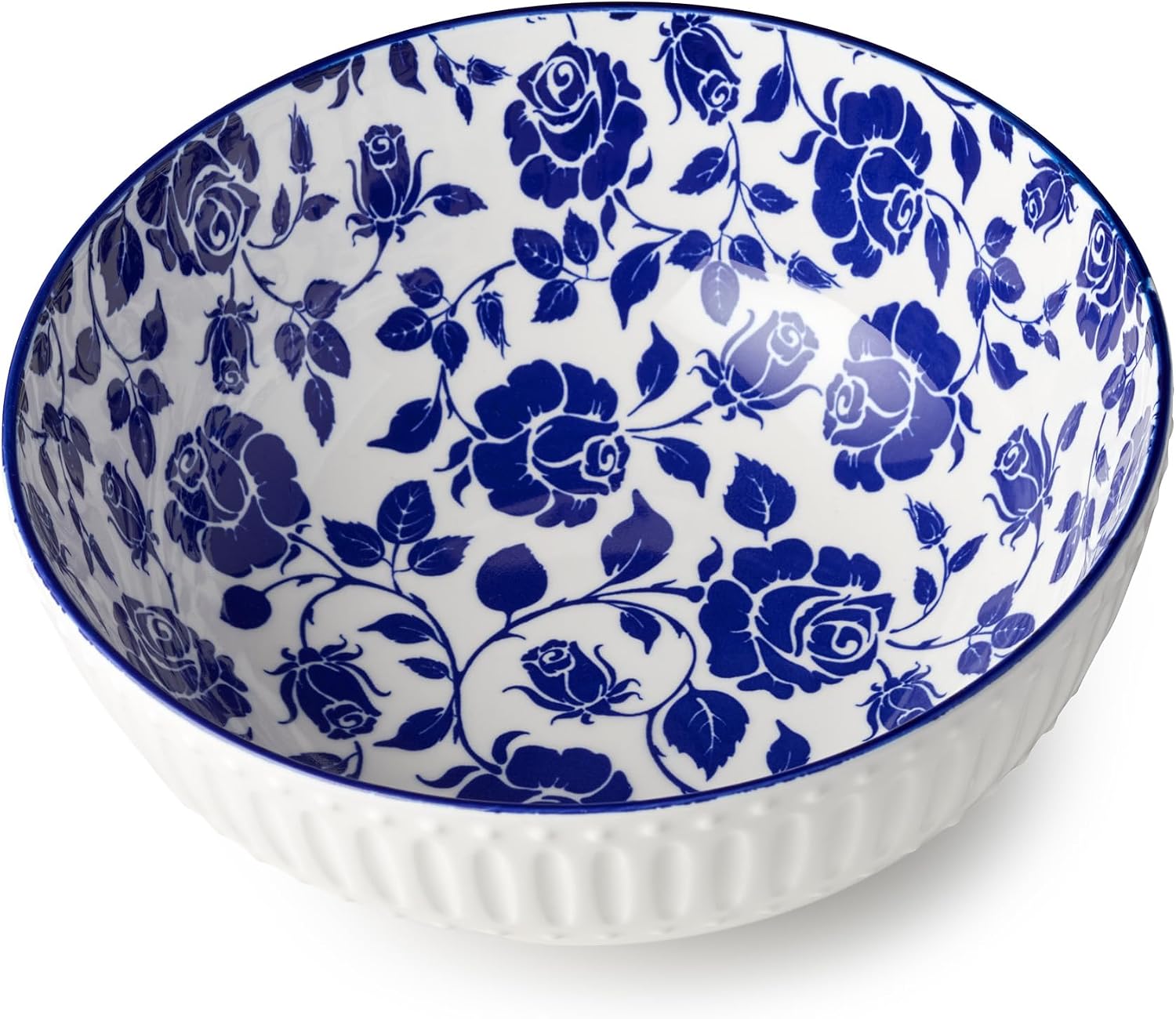 Madison Deep Bowl - 10 Inches, 96 oz, Premium Porcelain, Ribbed Exterior, and Stunning Blue and White Design - Perfect for salads, soups, and more