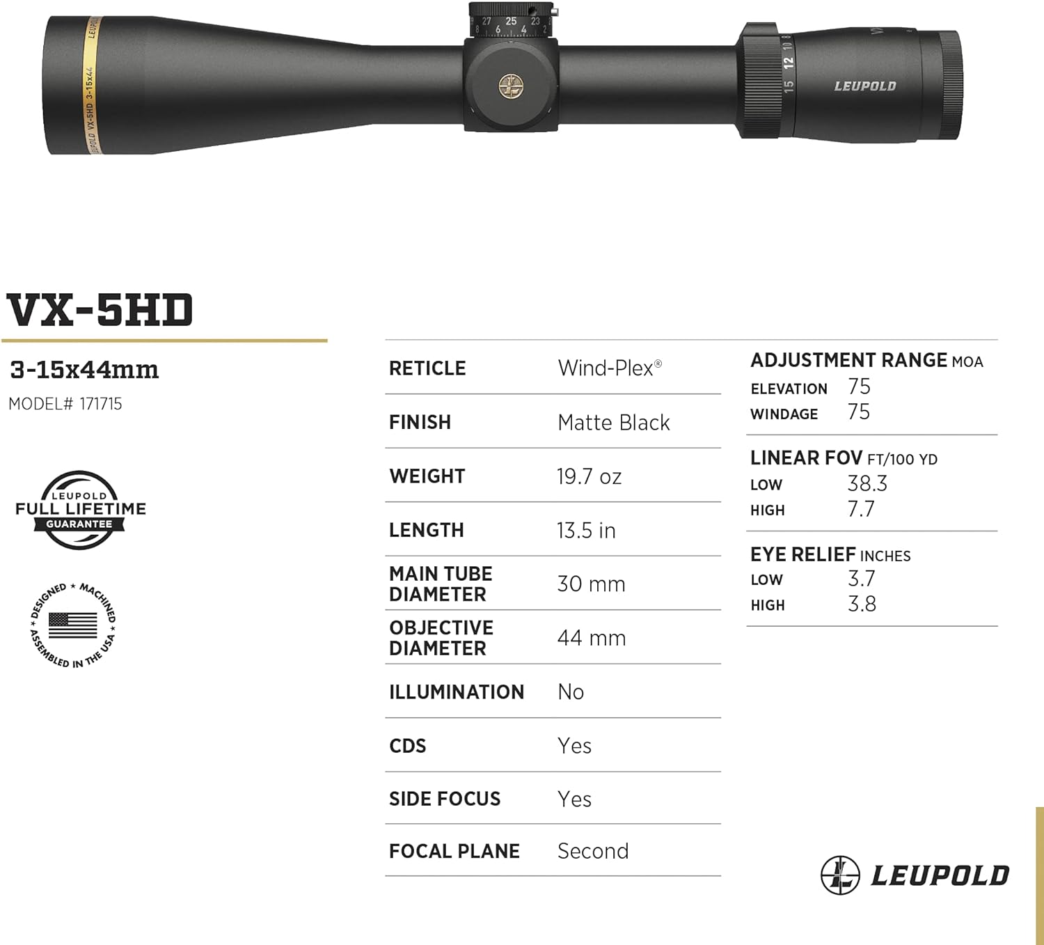 Leupold VX-5HD 3-15x44mm Side Focus Riflescope