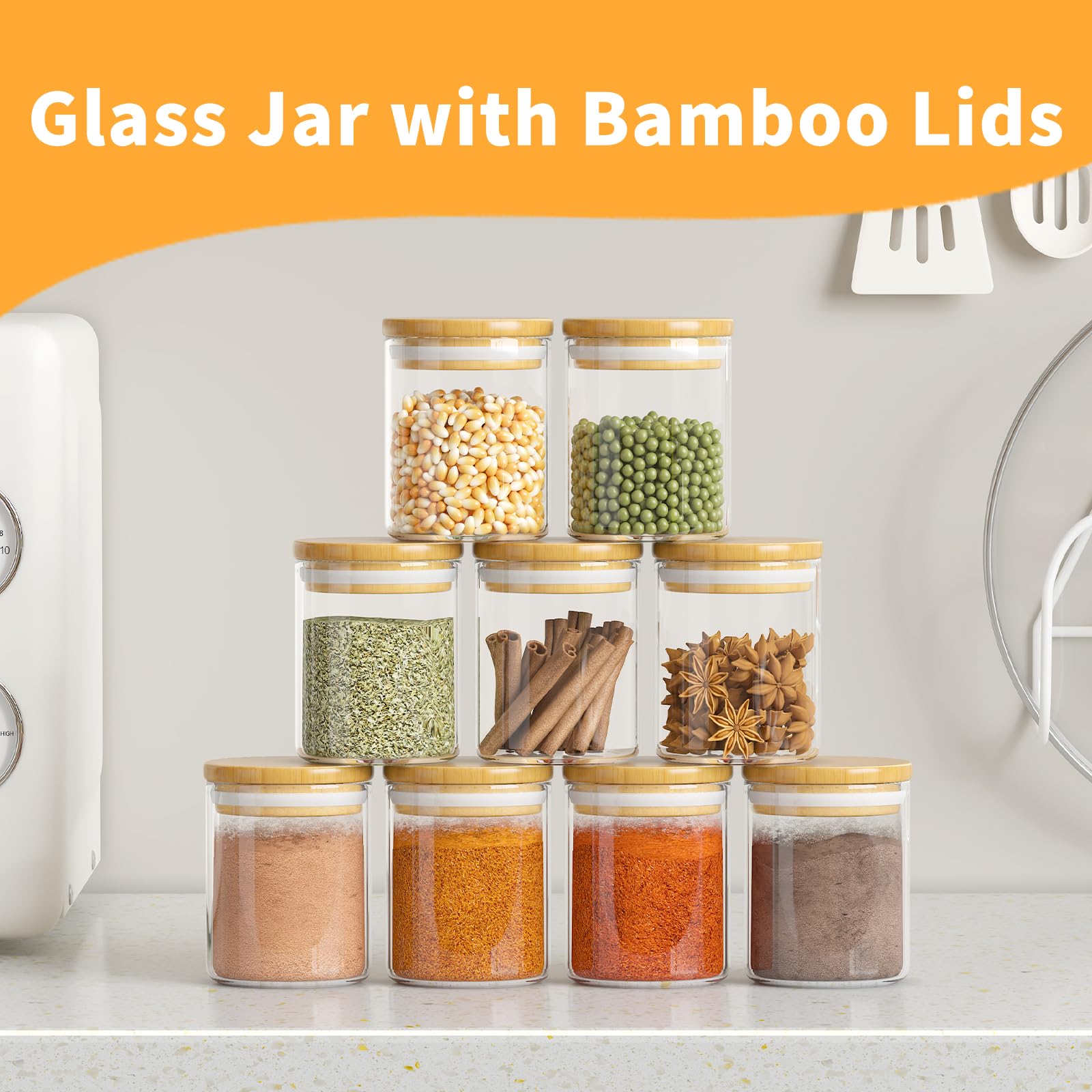 SODSAI Juego de 15 tarros de almacenamiento de vidrio con tapas herméticas de bambú y etiquetas, mini tarros de especias de vidrio de 6 onzas para el hogar, cocina, despensa, té, azúcar, sal, café