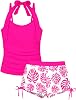 Girls Swimsuit 2 Piece Halterneck Girls Tankini Swimsuit Drawstring Printed Swim Shorts Girl Bathing Suit for 7-16T