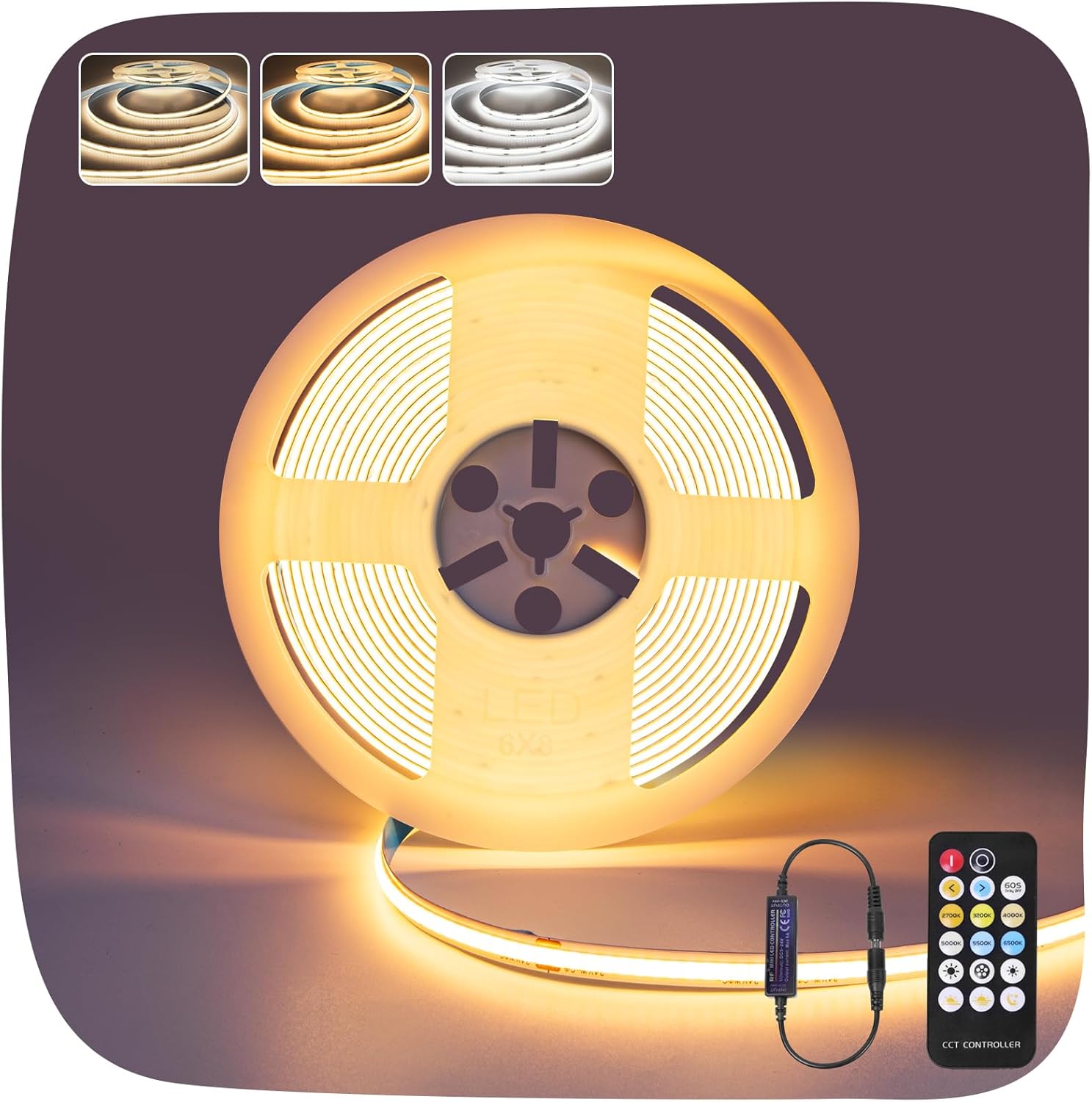 9.84 ft COB LED Strip Lights,Warm White LED Lights for Bedroom with RF Remote,Ultra Bright 24V Cabinet Strip Lighting with Remote Control, Ambient Mood Lighting for DIY Mirror, Nightstand, Kitchen