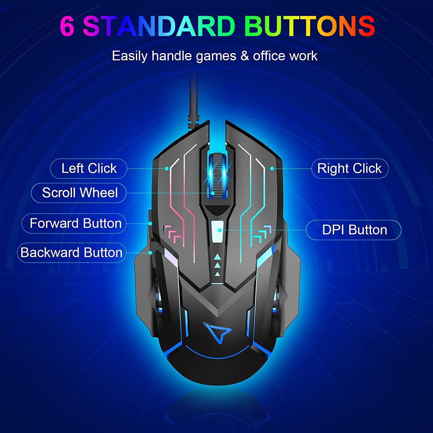 RGB USB Gaming Mouse, Wired with Chroma Backlight Mode, Adjustable High-Precision DPI Ergonomic Mice For PC, Computer, Laptop for Gamers