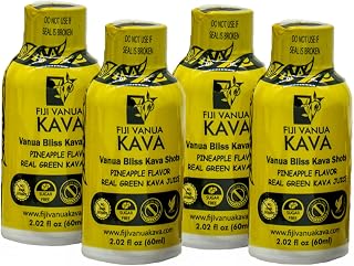 Vanua Bliss Kava Shot, Pineapple Flavor, Made with Real Green Premium Noble Kava Juice, 1000 mg per Shot, Gluten-Free, Travel-Ready Relaxation, Pack of 4