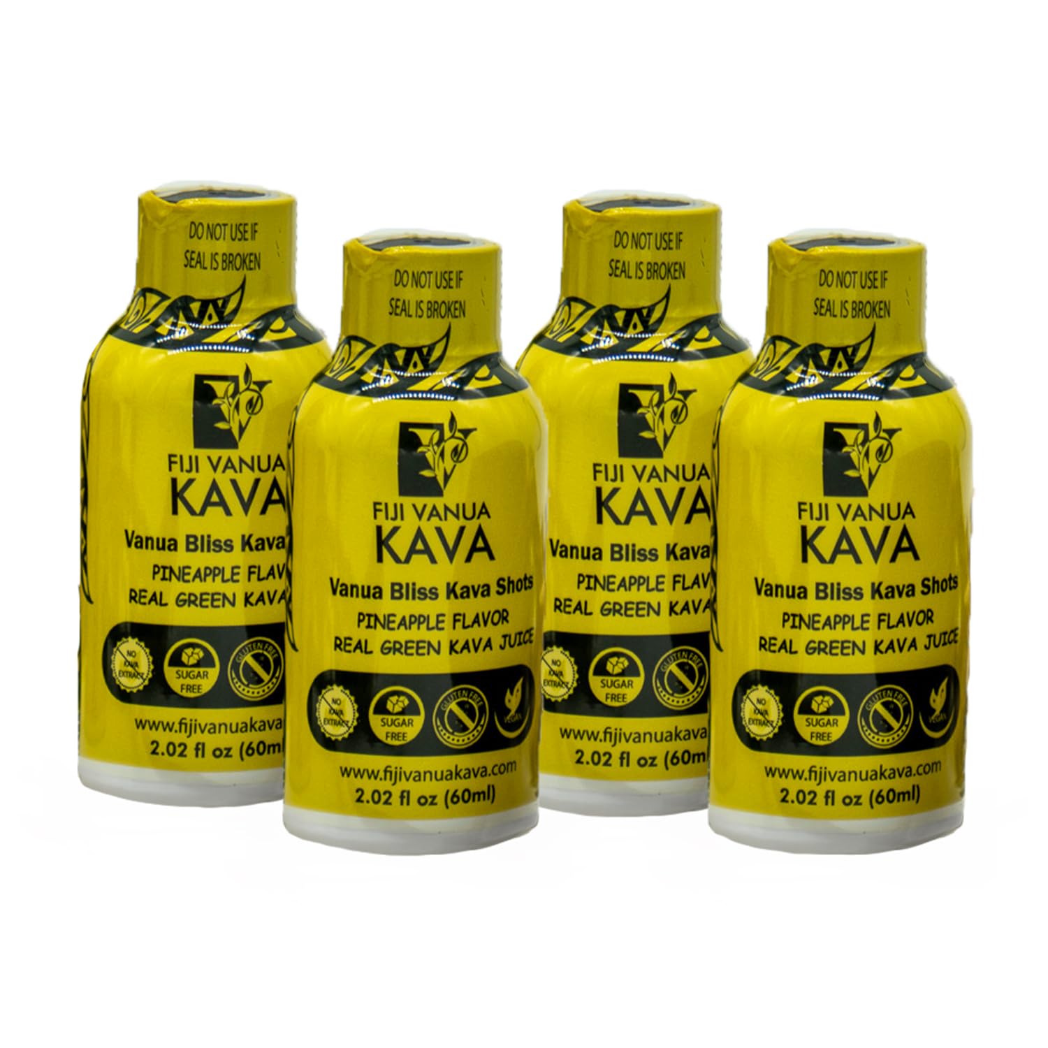 Fiji Vanua Kava, Vanua Bliss Kava Shot, Pineapple Flavor, Made with Real Green Premium Noble Kava Juice, 1000 mg per Shot, Gluten-Free, Travel-Ready Relaxation, Pack of 4