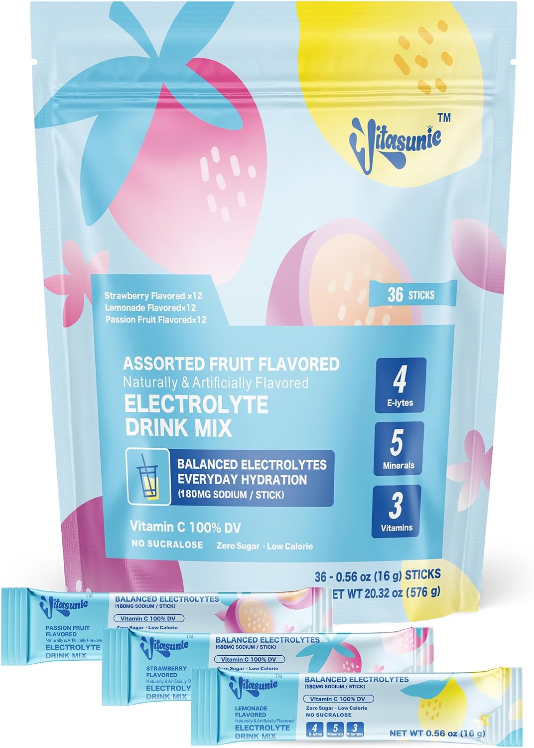 36 Sticks Electrolyte Powder Packets,Sugar Free Variety Pack Hydration Packets Drink Mix with 4 Electrolytes No Sucralose, Vegan, Gluten-Free, Lemonade, Strawberry, Passion Fruit