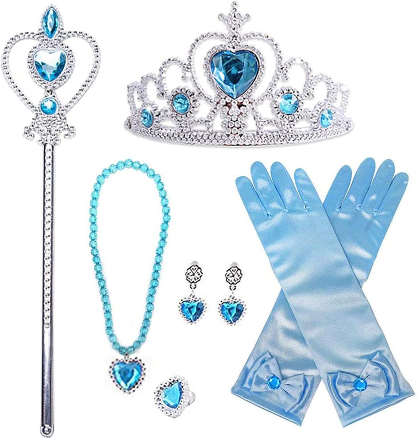 [Be-Unique] プリンセス アクセサリー おもちゃ セット ティアラ ブレスレット ネックレス スティック イヤリング リング 手袋 変身 なりきり 子供 コスチューム用小物 パーティーに最適 6点セット (ブルー)