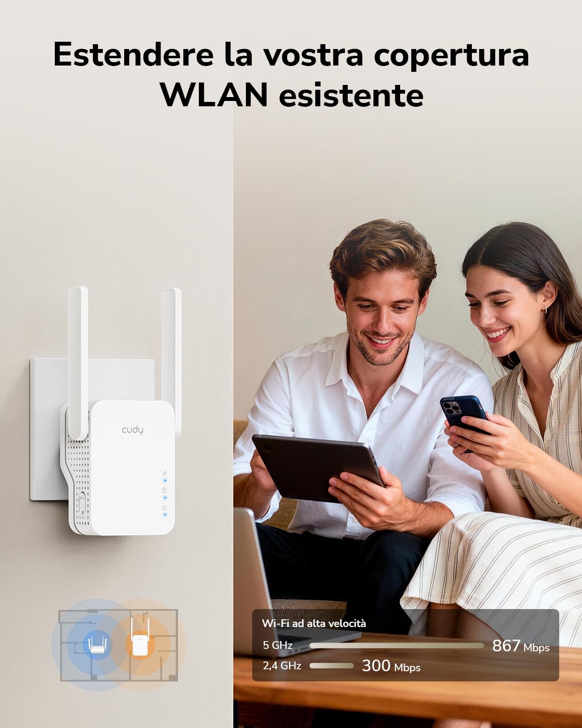 Cudy RE1200 Booster wireless AC1200 Dual Band WiFi Extender, WiFi Range Extender, 300 Mbps su 2,4 GHz, 867 Mbps su 5 GHz, copre fino a 1500 piedi quadrati, collega 30 dispositivi, modalità AP, WPS