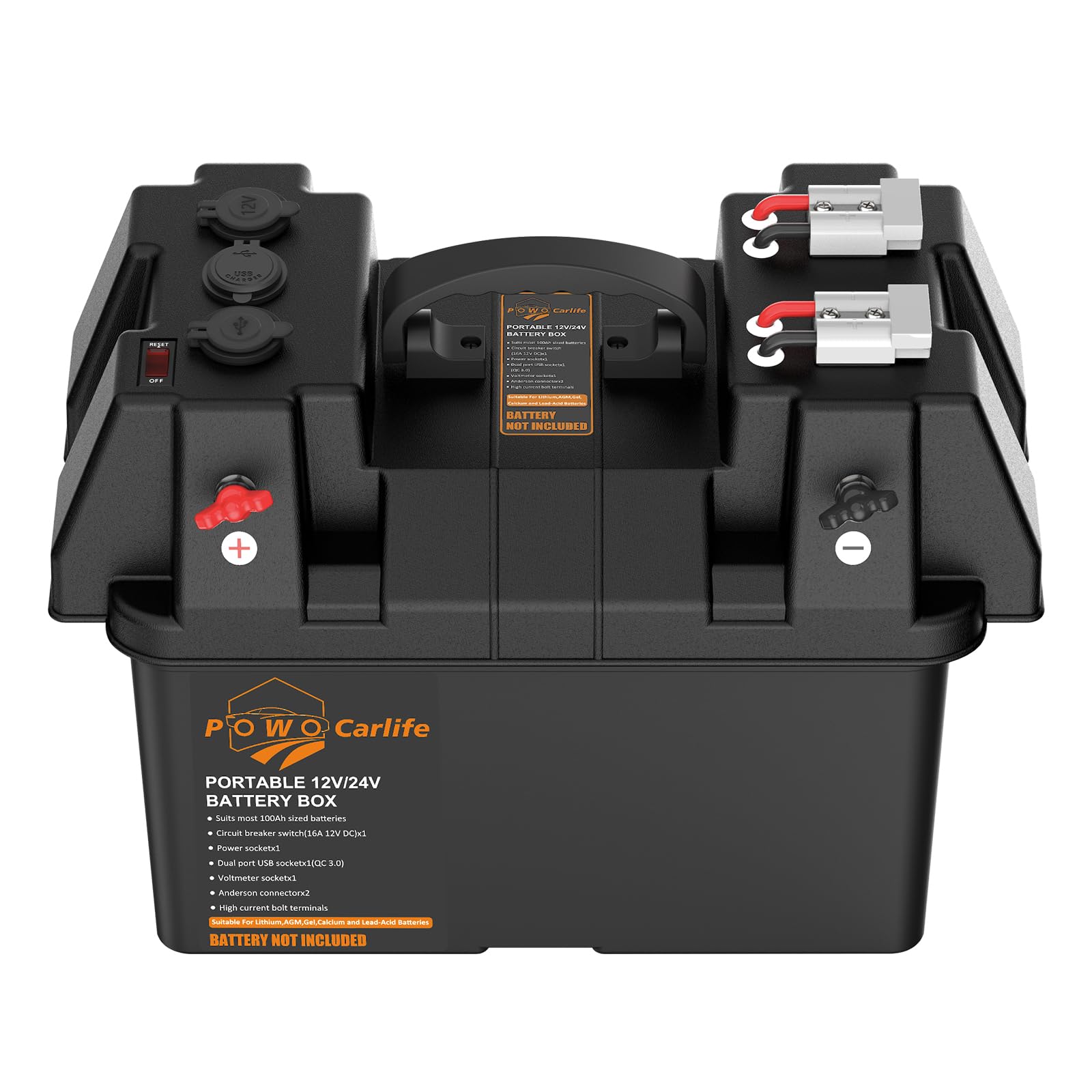 POWO Carlife Smart Battery Box Power Center with USB and DC Ports, Group 24-31 Battery Box for RV, Trailer, Boat, Lifepo4, Lithium