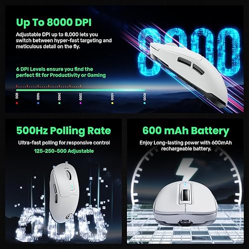 Miniatura 5 de G59 Ratón inalámbrico/con cable/BT 2.4G para juegos, ratón inalámbrico recargable con USB tipo C, 6 DPI ajustables, 8000 DPI máximo, 60g