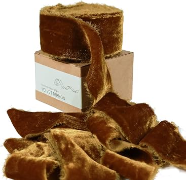 Brown Velvet Ribbon for Gift Wrapping - 1 1/2 Inch 3 Yards Handmade Silk Fabric with Frayed Edge for Flower Bouquet Christmas Tree Ornaments Hair Bow Wedding