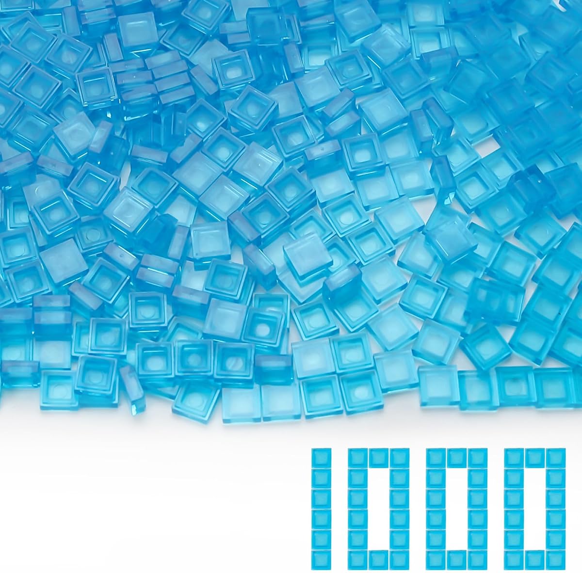 Transparent Blue 1x1 Tiles Bulk Flat Bricks MOC Parts and Pieces 1000PCS | Water, Sea, Ocean, Vase, Mosaics, Pixel Art, Smooth Surface, Creative Block Toy for Kids 4+, Compatible with Major Brands