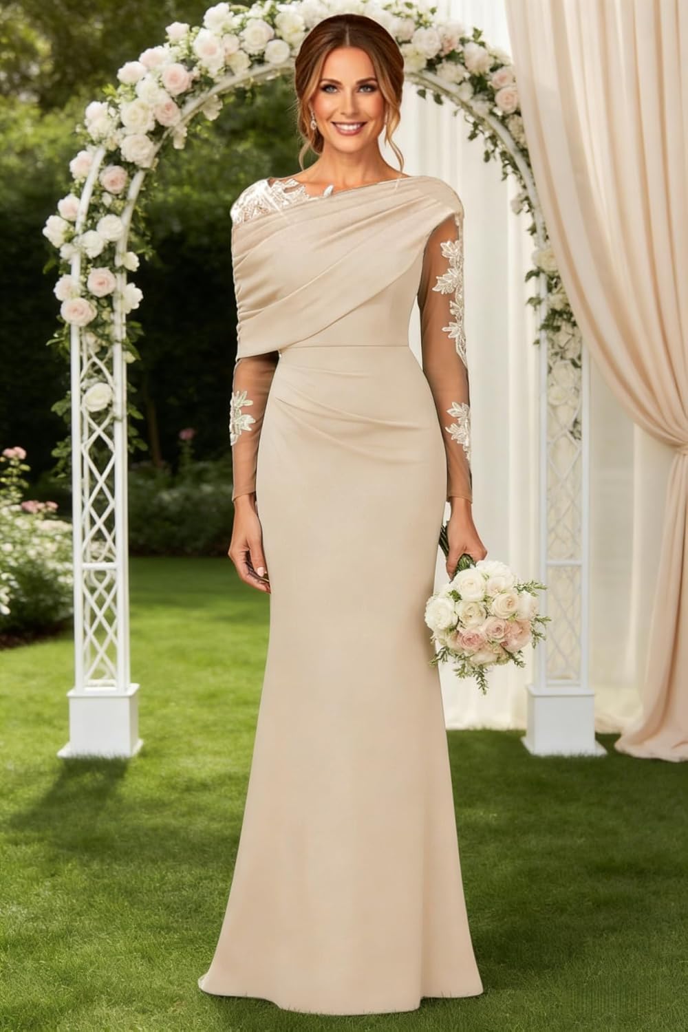 Lace Applique Mother of The Bride Dresses Long Sleeve Mermaid Formal Evening Gowns Ruched Wedding Guest Dress