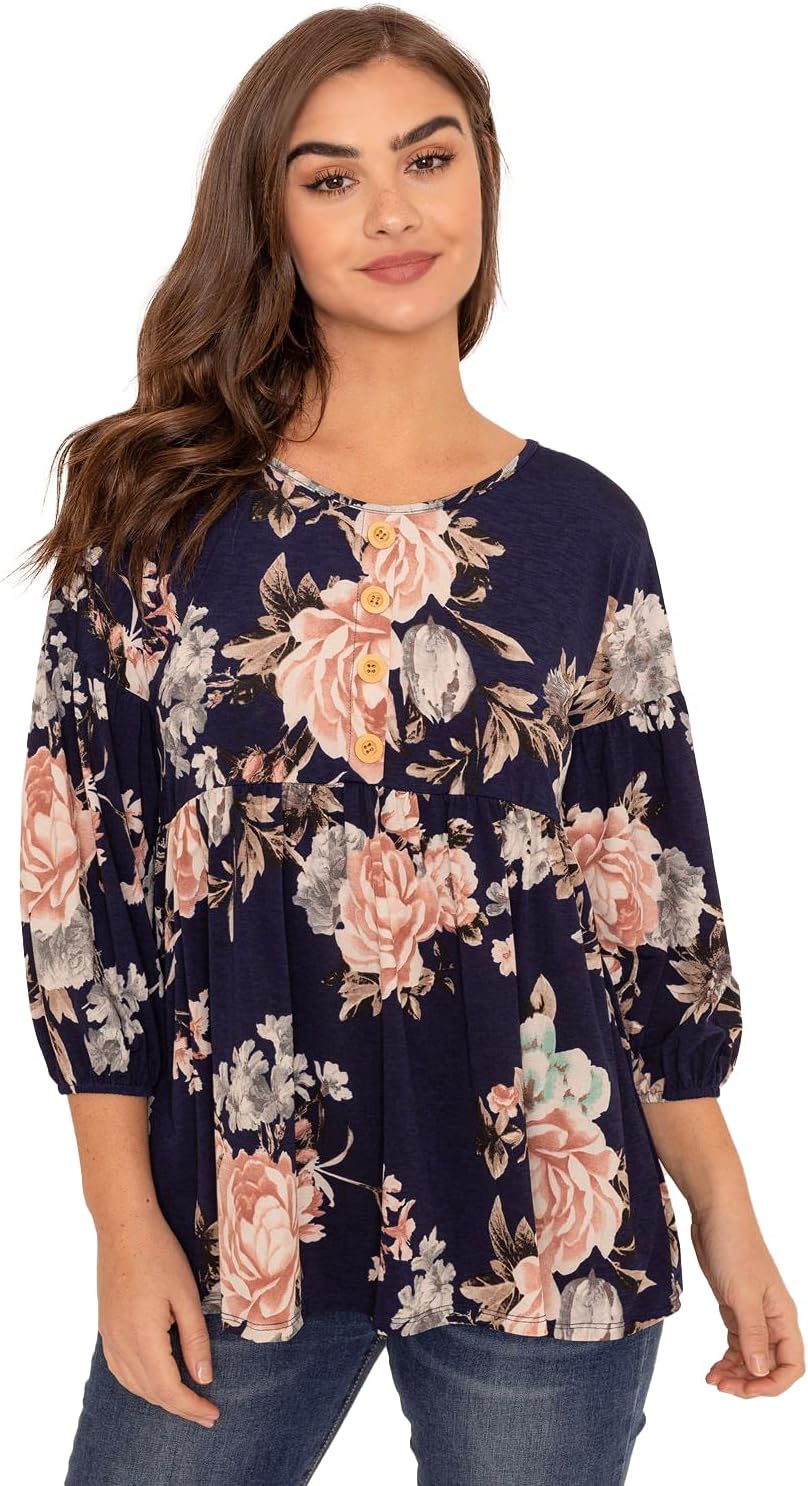 Eloges Women's 3/4 Bishop Sleeve Babydoll Top with Button Accent | S-3X Plus