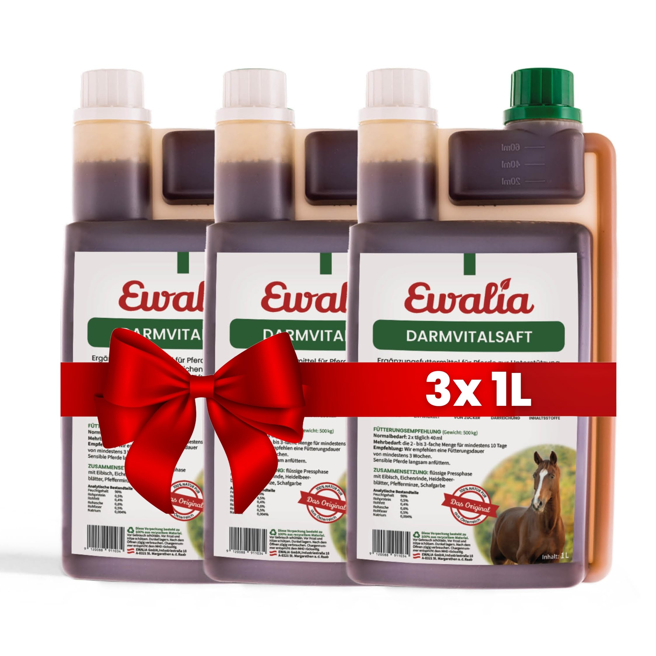 NEU! EWALIA Darmvitalsaft - Premium Ergänzungsfuttermittel für Pferde zur Unterstützung der Darmgesundheit - Natürliche Stabilisierung der Darmflora mit der Kraft der Kräuter – 3x1 Liter